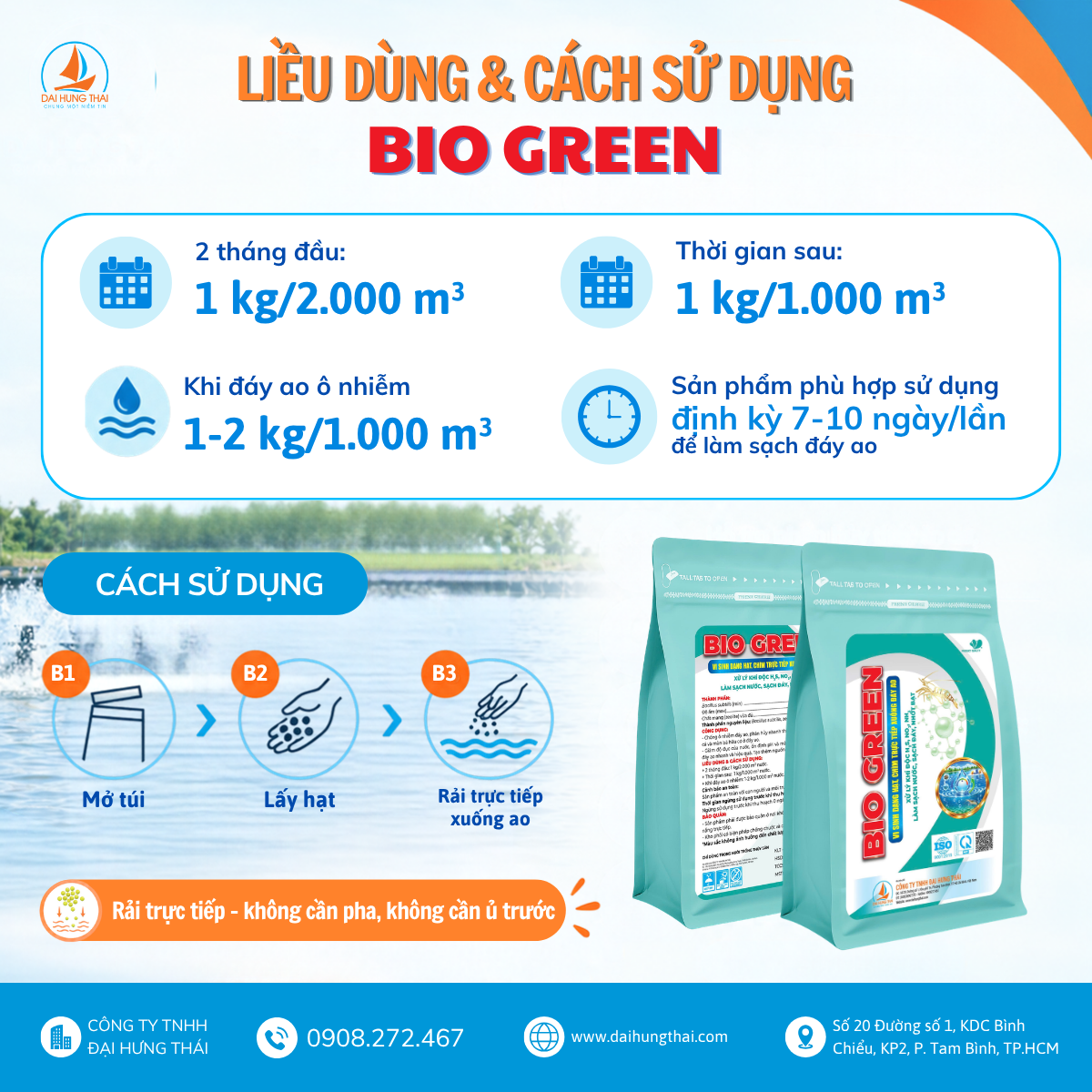 Liều dùng & Cách sử dụng Bio Green Vi Sinh Làm Sạch Đáy Ao Dạng Hạt